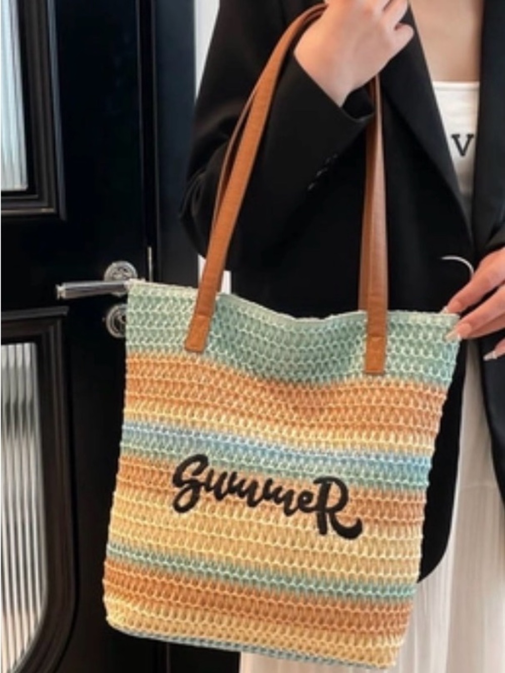 Summer Script Woven Tote Bag in Mint, Blue & Tan
